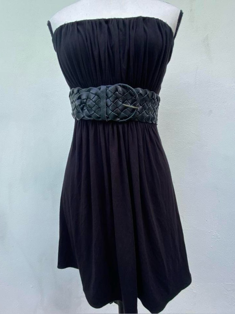 Y2K Sky Black Ruched Jersey & Leather Belted Strapless Mini Dress Size Small